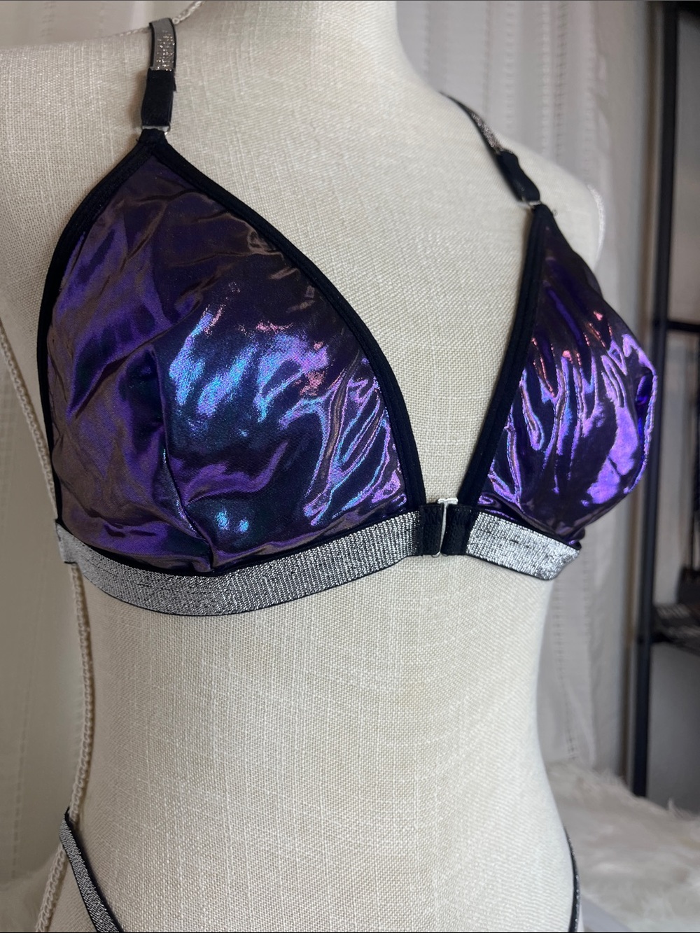 Iridescent Purple Triangle Bra & Panty Set with Silver Heart Rhinestone Trim - Picture 5 of 8